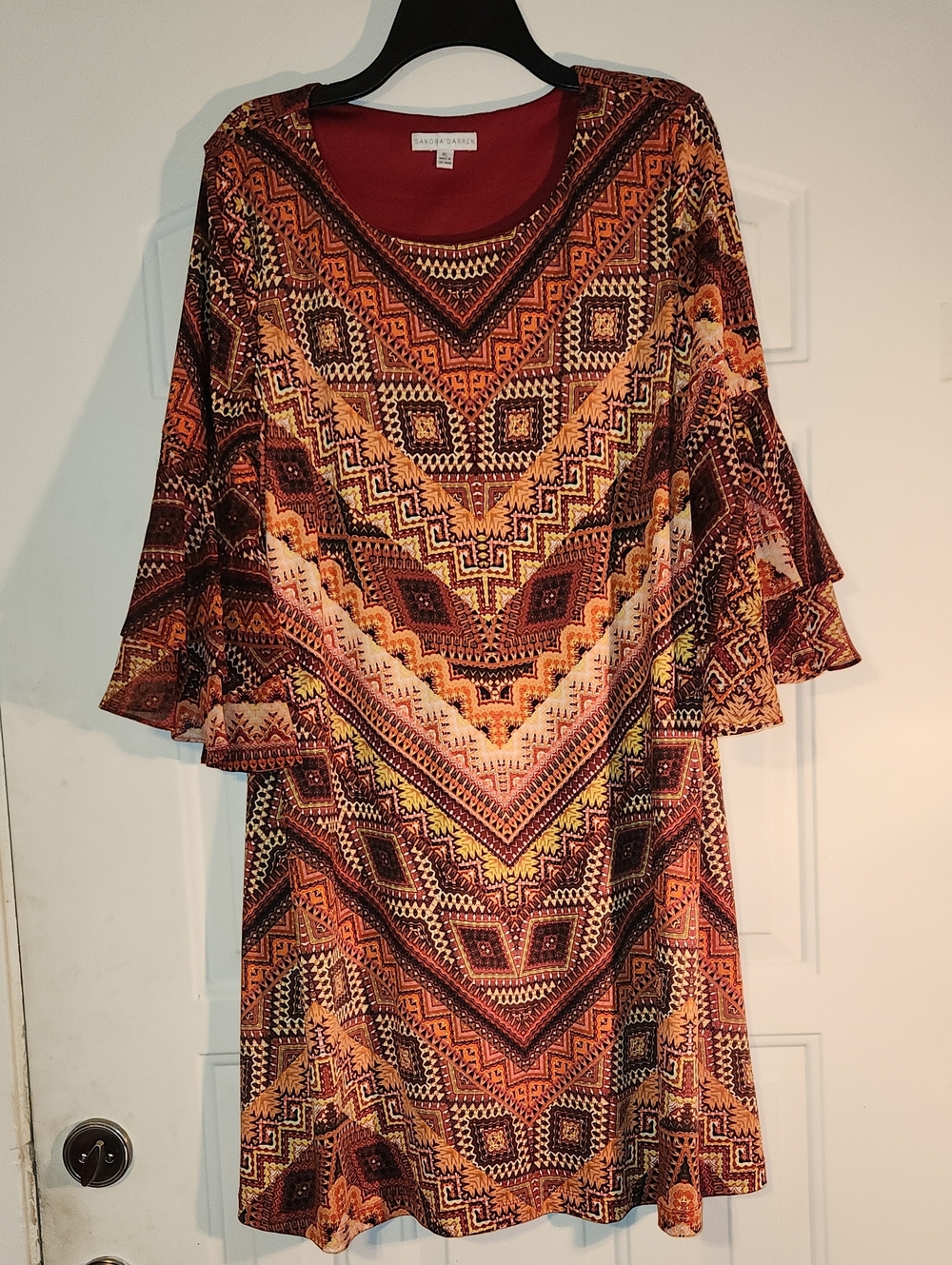 Gibson Latimer Orange & Brown Geometric Bell-Sleeve Dress
